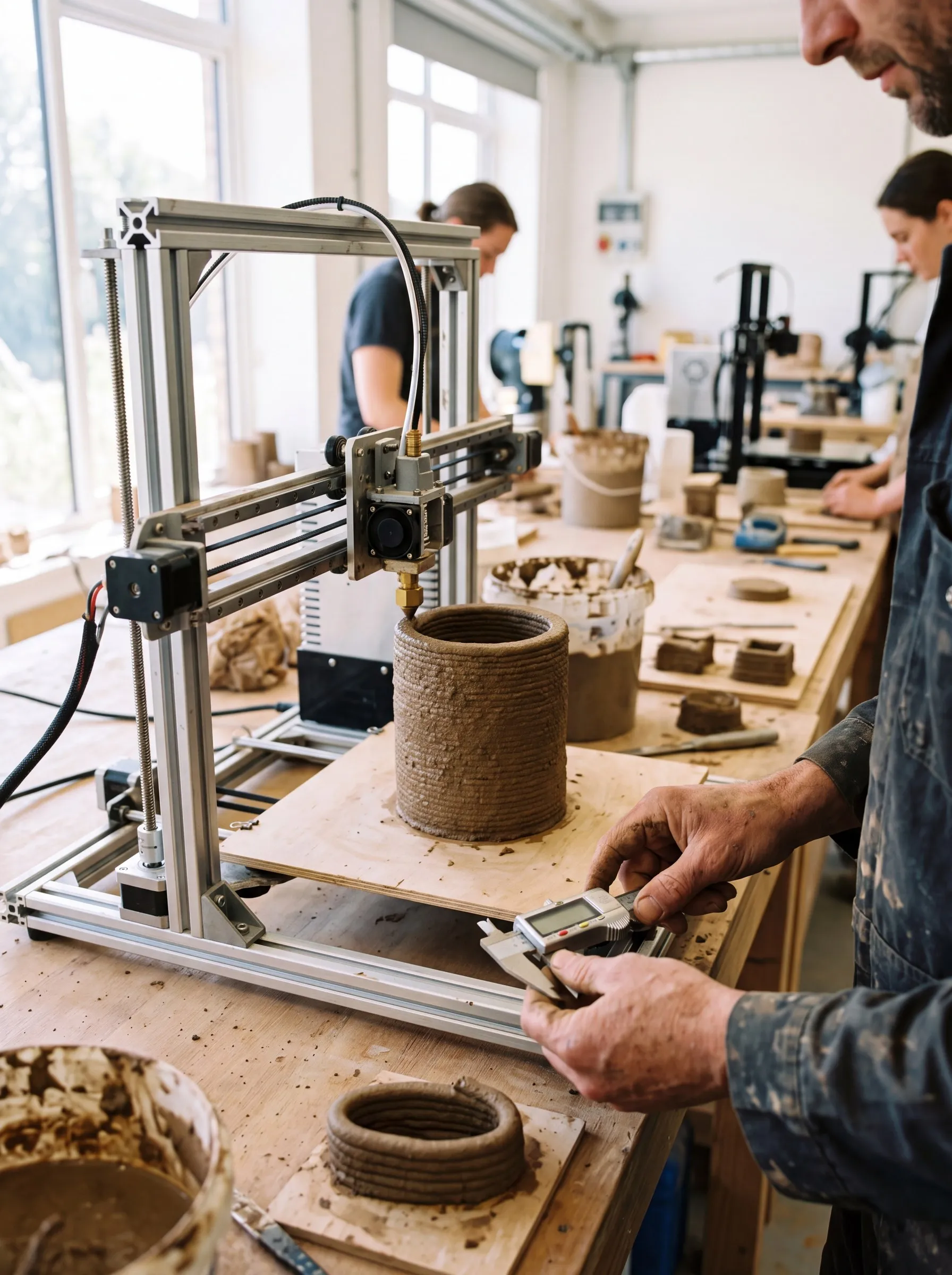 A trainee measures a freshly printed earth column with a caliper next to a small earth printer.