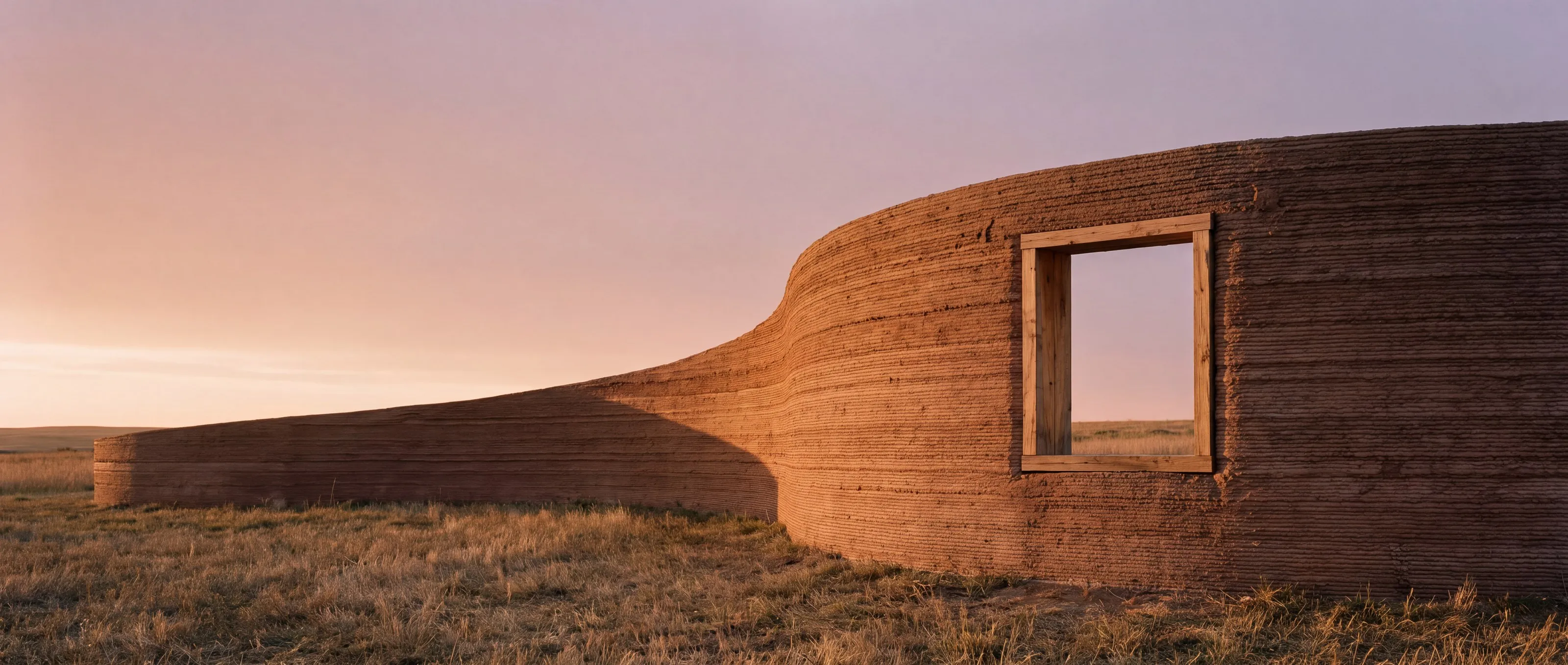 A curved wall of 3D printed earth with a wooden window frame stands in a grassy field at sunset.