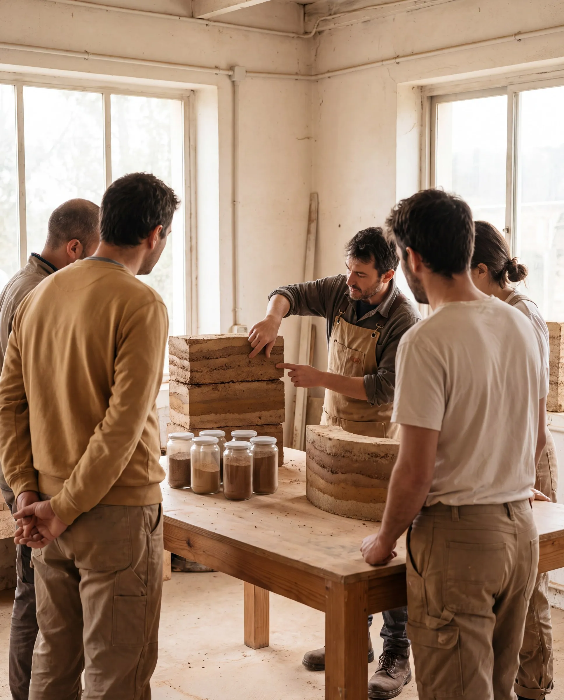 Trainees around a workshop table with soil samples and printed earth test pieces.