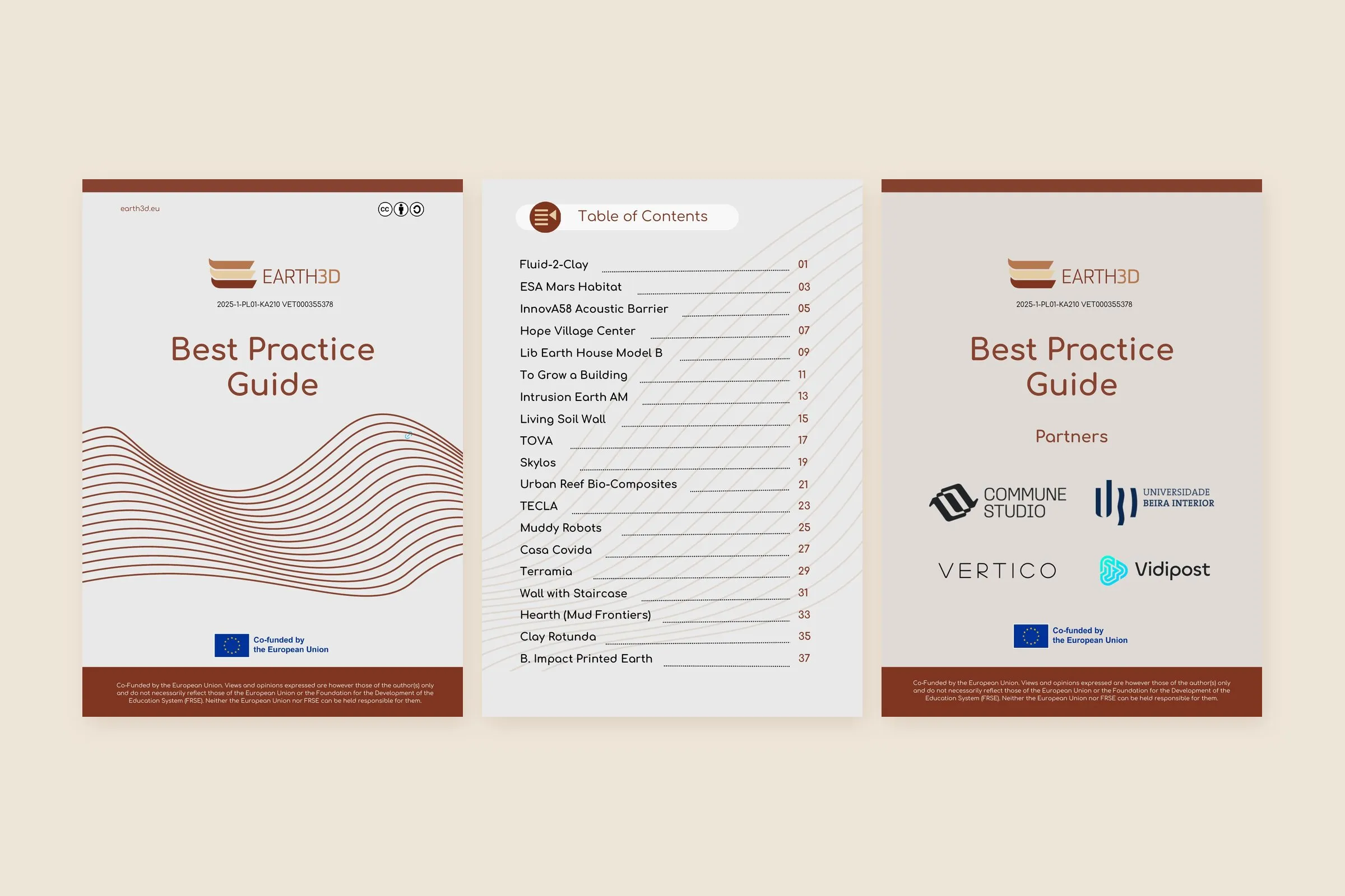 The front cover, the table of contents listing the 19 projects, and the back cover with the partner logos of the EARTH3D Best Practice Guide.