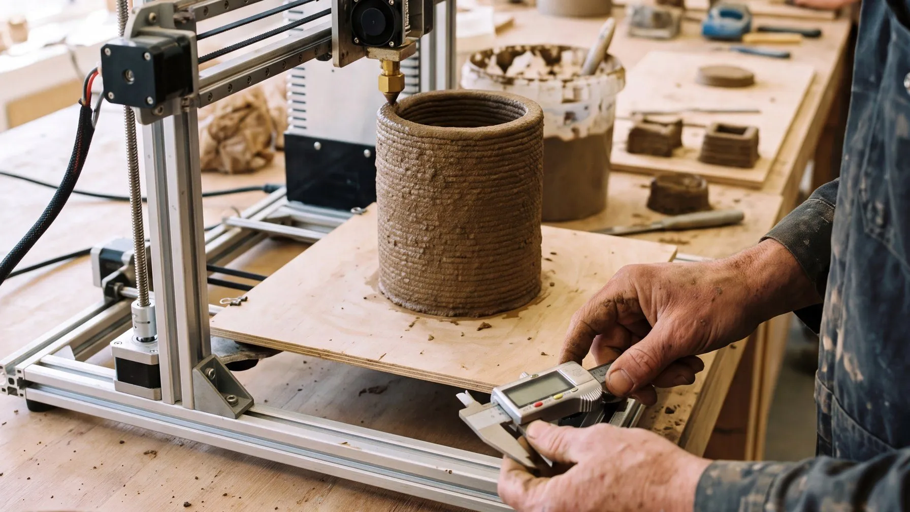 A trainee measures a freshly printed earth cylinder with a digital caliper beside a small earth printer.