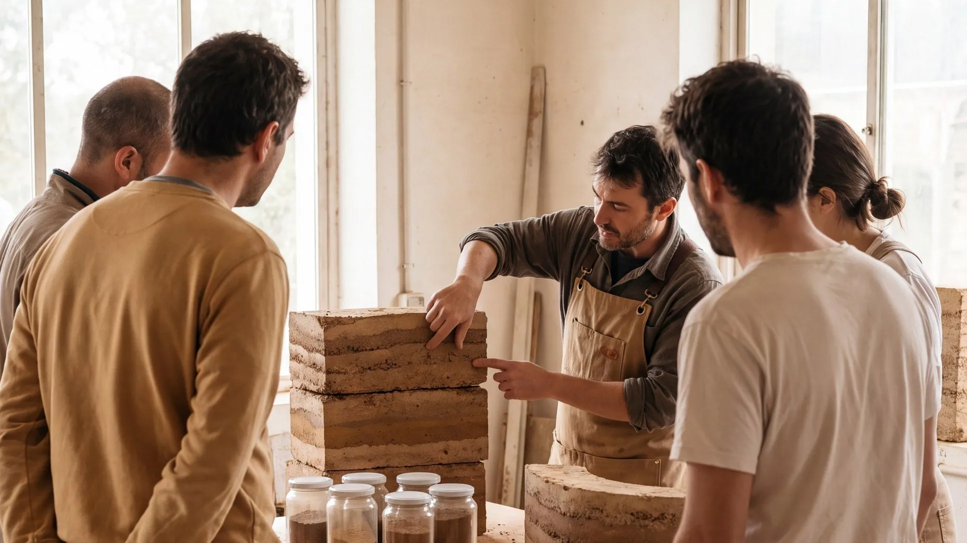 An instructor points to stacked earth test blocks while trainees look on, next to jars of soil samples.